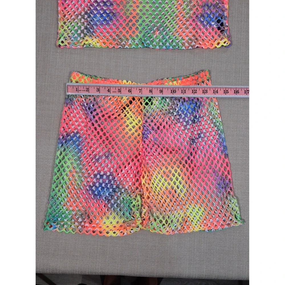 American Leisure Rainbow Tie Dye Mesh 2 Piece Set Crop Top Shorts XL New